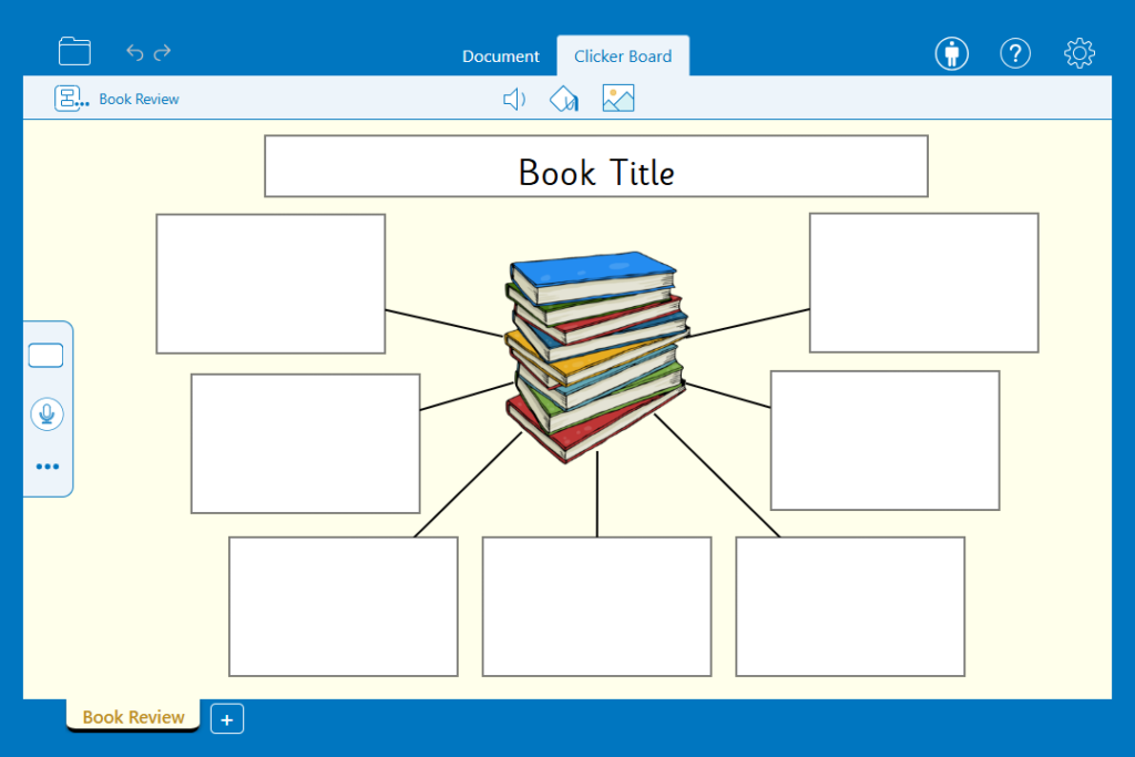 The 'Book Review' Clicker Board with an image of a pile of books in the centre and empty cells to add ideas branching out from it.