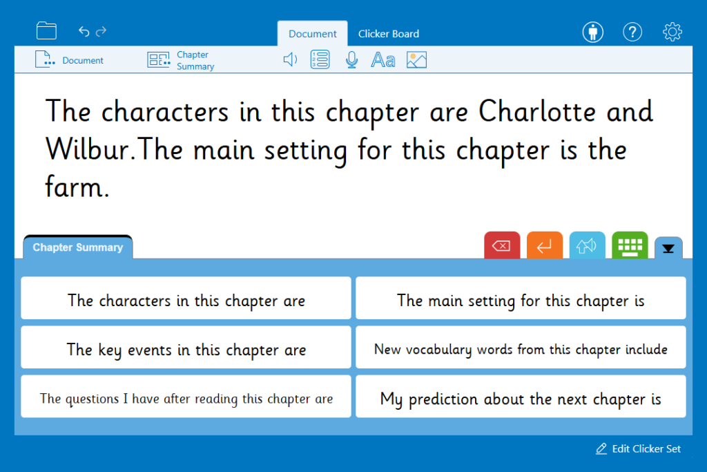 Two sentences about 'Charlotte's Web' written in a Clicker Document using the 'Chapter Summary' Clicker Word Bank.