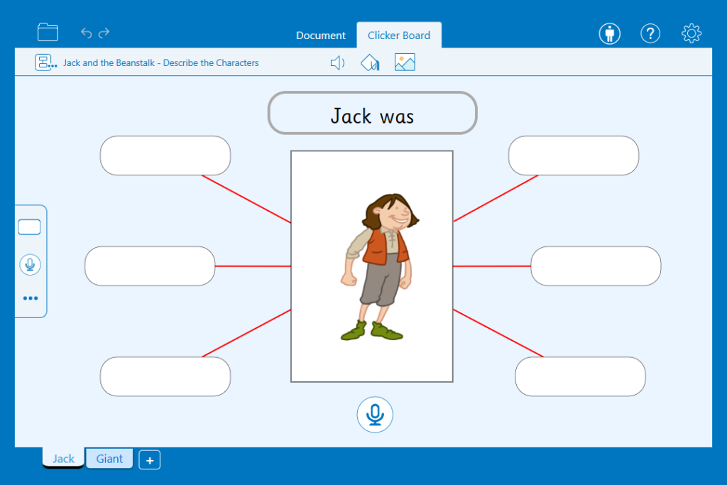 The 'Character Outside and Inside' Clicker Board, customised with an image of Jack from the book 'Jack and the Beanstalk' in the centre. There are empty cells branching off from the image to collect vocabulary and ideas.