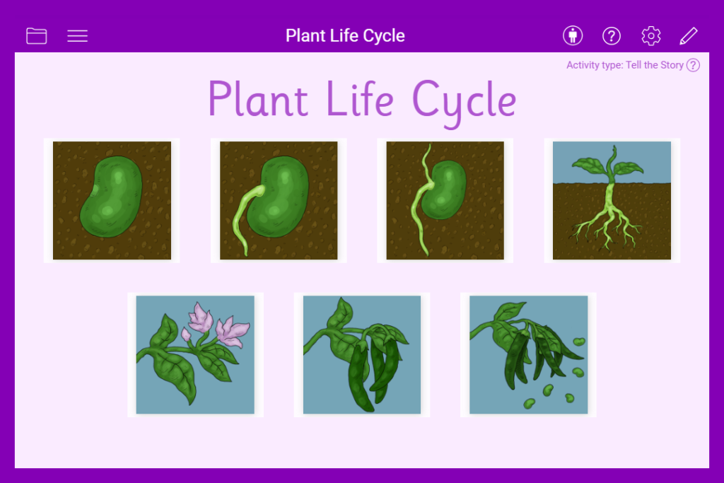 A Clicker Talk Set to describe the life cycle of a plant. There is a sequence of pictures to illustrate the different steps in the cycle.