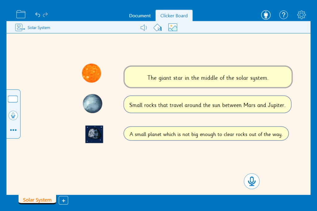 A Clicker Board about the solar system to help a learner match images to a definition. There are three images on the left and three definitions on the right with a recording button underneath.