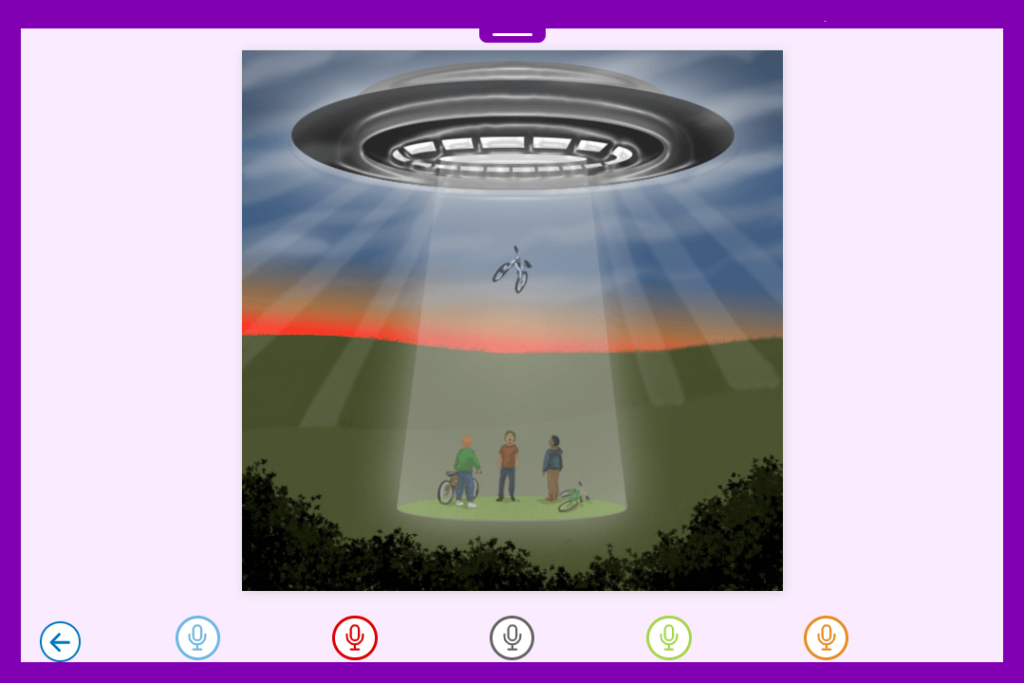 The 'Space Visitors - Talk About' Clicker Talk Set. In the centre there is an image of a spaceship with a beam of light shining down on to a group of children and their bicycles. One of the bicycles is floating up towards the spaceship. Underneath the image there are five recording buttons to record ideas.