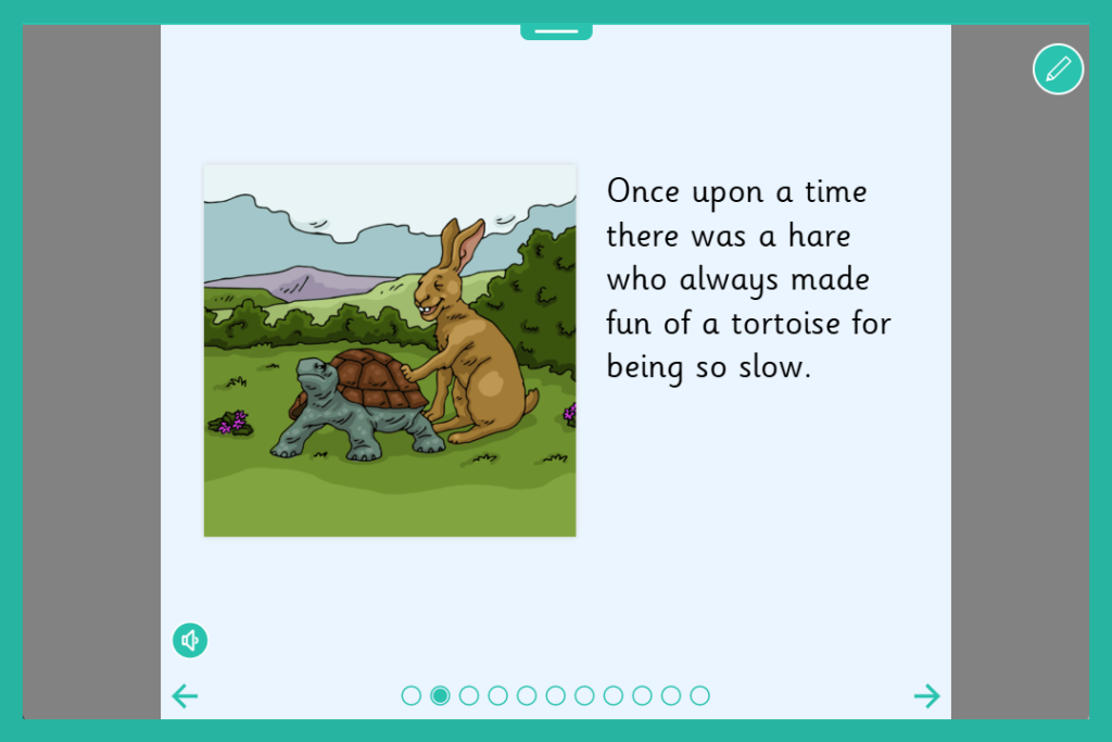 A page from 'The Tortoise and Hare' Clicker Read a Book with text on the right and an image of a tortoise and a hare in the countryside on the left.