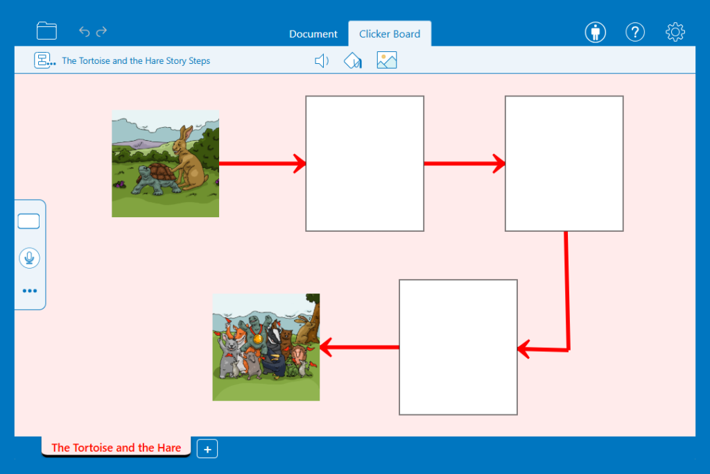 A 'Story Steps' Clicker Board that learners can use to sequence the events in 'The Tortoise and the Hare'.