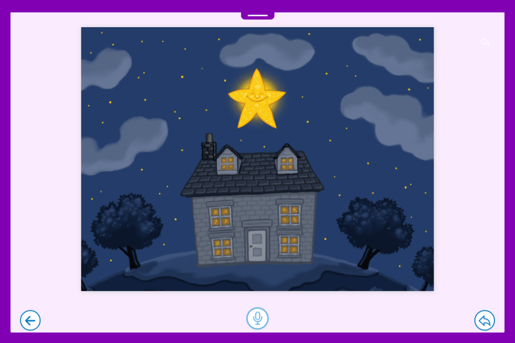 A 'licker 'Listen and Say' Talk Set based on the rhyme 'Twinkle Twinkle Little Star'. There is an image of a house at night with a large bright star shining about it. There is a recording button underneath the image.
