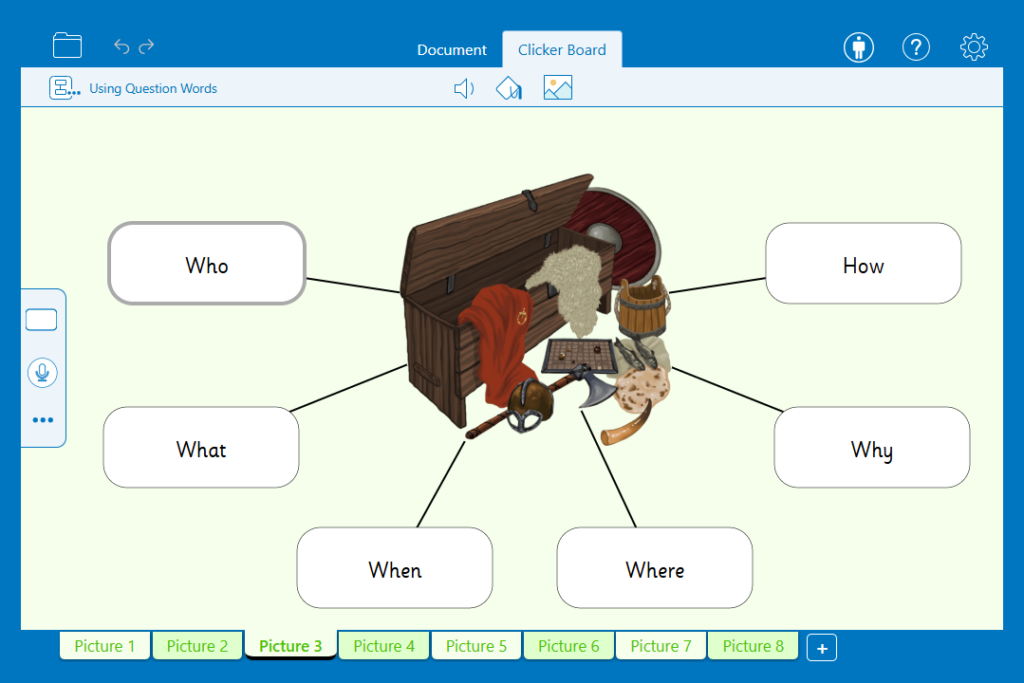 The 'Using Questions Words' Clicker Board with an image of an open treasure chest in the centre with questions around it.