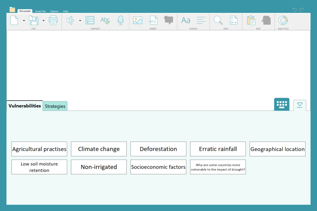 A Wordbar populated with the words from the completed WorkSpace about droughts.