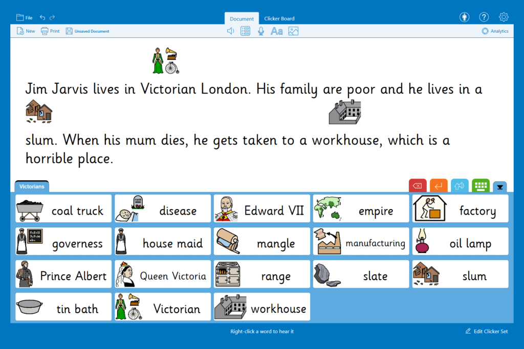 A Clicker Word Bank with added pictures, and picturized text in the Document.