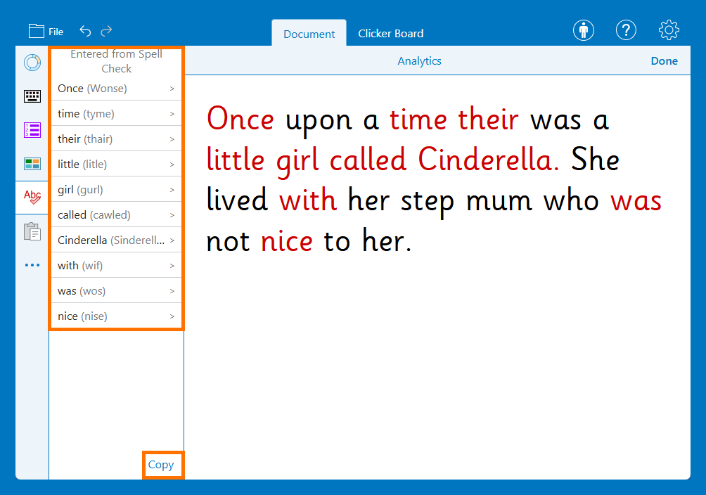 A breakdown of initial spelling attempts in Clicker Analytics.