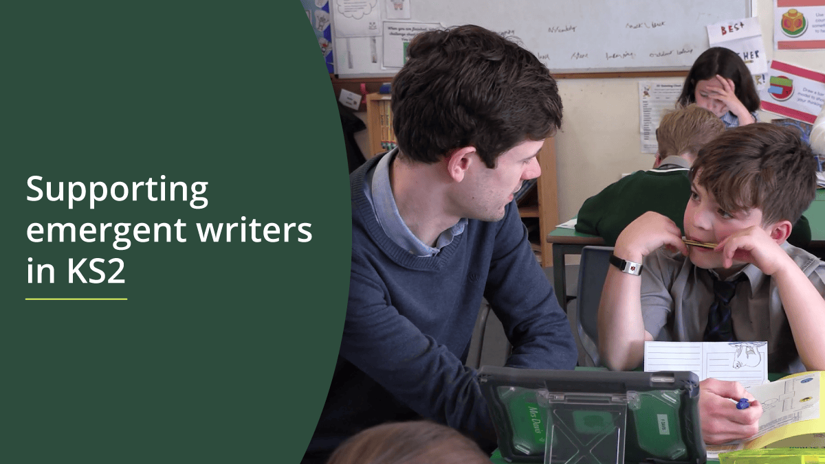 The title 'Supporting emergent writers in KS2' alongside an image of a pupil and teacher in a classroom.
